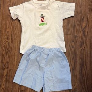 Embroidered lighthouse T-Shirt and Blue Striped Shorts Set